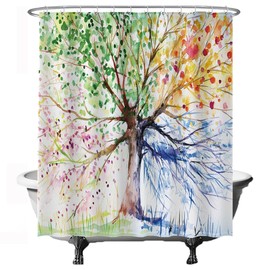 Ulticool Shower Curtain - Tree of Life 4 Seasons Watercolour - 180 x 200 cm - Anti Mould - Washable - Waterproof - with 12 Rings - Green Blue Yellow Pink