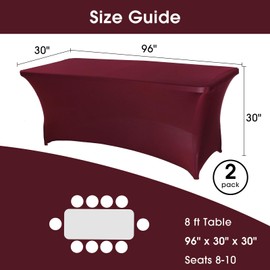 8FT Pack of 2 Spandex Table Cover Fitted Stretchable Tablecloth, Stretch Rectangular Table Cloth for Wedding Party Event Engagement Decoration 96" L x 30" W x 30" H(Burgundy)