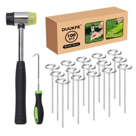 Landscape Fabric Staples 6 Inch, 100pcs Circle Top Landscape Pins Galvanized Landscape Fabric Staples Garden Stakes Staples with Pick Hook and Mallet for Weed Barrier Turf Ground Cloth Outdoor Decor