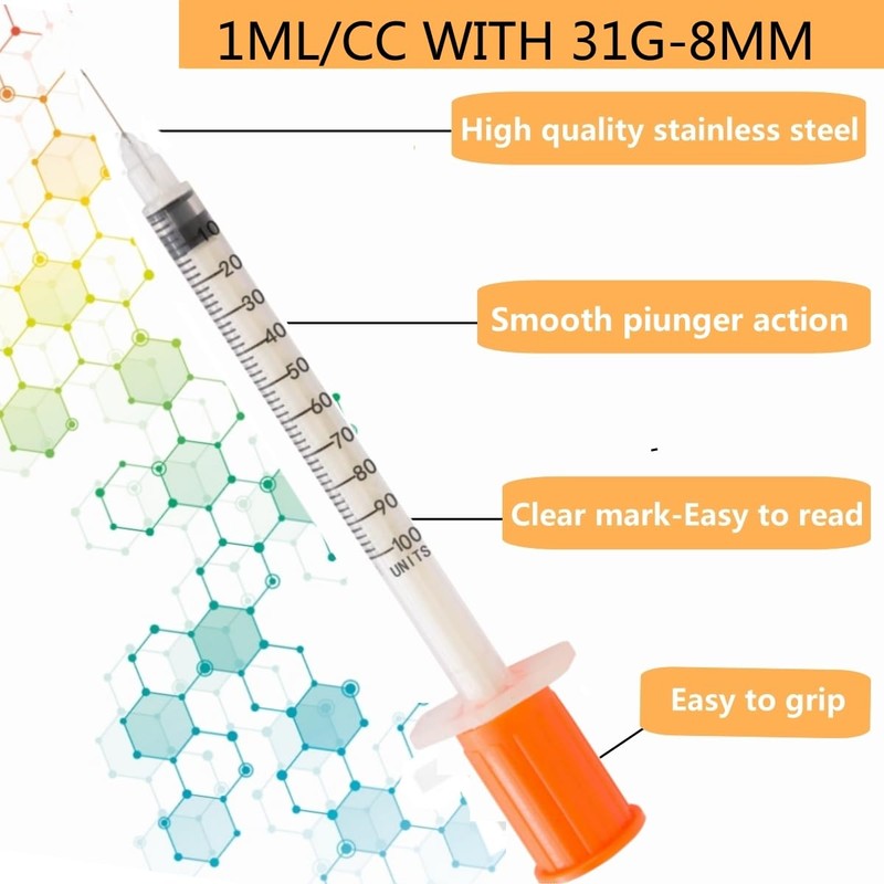 100 Pack 1ml Lab Measuring Tool with 31G 5/16 Inch(8mm),