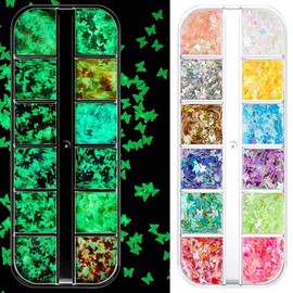 12 rejillas luminosas para arte de uñas en polvo, lentejuelas que brillan en la oscuridad con diseños en forma de mariposa, uñas fluorescentes holográ