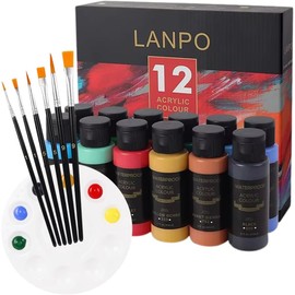 Acrylic Paint Set for Kids and Adults - Non Toxic Rich Pigments Paint Kit with 6 Premium Brushes and One Palette for Painting Canvas, Wood, Ceramic, Fabric and More (12 Colors (2 Ounce Each))