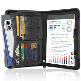 AKAYOK Zippered Portfolio Binder for Men & Women, Resume Portfolio Folder with 5.3" x 8 "Notepad, 9.6" x 7" Faux Leather Portfolio for Resume, Documents, Phone, Business Supplies and Cards (Black)