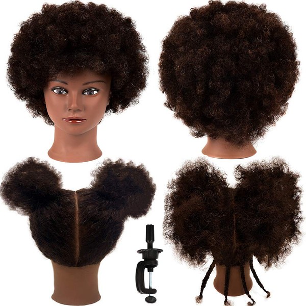 Cabeza de maniquí 100 % cabello humano para entrenamiento de pelo afro, cabeza de maniquí afroamericano con cabello humano, 100 % real afro Kinky cabello humano para práctica de trenzado, con soporte de abrazadera de mesa para peluquería de peluquería, e