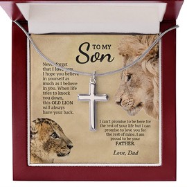 To My Son Gifts From Dad And Mom - Father Mother and Son Necklace, Birthday Gift For My Son Graduation Christmas Faith Cross Necklace (Lion Son Dad Cross Necklace, Mahogany Style Luxury Box (w/LED))