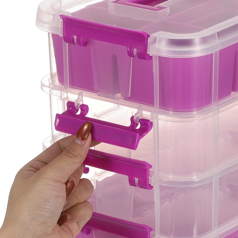 JUXYES 3-Tiers Stack Carry Storage Box With Divided Tray, Transparent