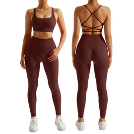 RXRXCOCO Ribbed Workout Sets for Women 2 Piece Backless Strappy Sports Bra Seamless Leggings Matching Set Yoga Outfits Coffee Medium