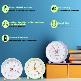 Super Silent Alarm Clock for Bedrooms,Beep Wake Round Alarm Clock,Non Ticking Small Clock with Night Light,Easy Set,Desk Alarm Clock for Kids (Beige)