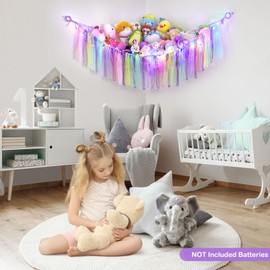 MHJY Toy Hammock Stuffed Animals Storage Net Soft Cuddly Toys Large Corner Hanging Net With LED Light Hand Woven Plush Macrame Organizer with Tassel for Kids Bedroom Nursery