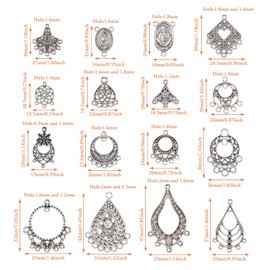 Pandahall 96Pcs Antique Silver Chandelier Component Links Tibetan Style Chandelier Charms 16 Styles Rhombus & Oval with Saint & Teardrop Hollow Filigree Charms for Necklace Jewelry Making