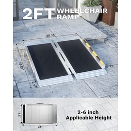 2FT Portable Wheelchair Ramp, Aluminum Folding Handicap Ramp with Handle, Threshold Wheel Chair Ramp for Home Steps, Stairs, Entry, Curbs, Doorways, Non-Skid, Mobility Scooter Compatibility