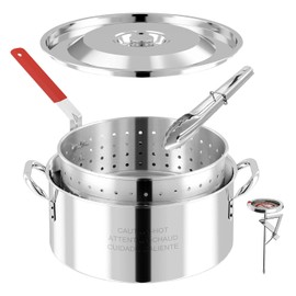 10QT Stainless Steel Deep Fryer with Basket | Fish Fryer | Frying Pot with Lid, Fryer Tong & Thermometer | Not Compatible with Induction or Electric Stoves | Perfect for Outdoor Use | Dishwasher Safe