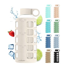 purifyou Premium 40/32 / 22/12 oz Glass Water Bottles with Volume & Times to Drink, Silicone Sleeve & Stainless Steel Lid Insert, Reusable Bottle for Fridge Water, Milk, Juice (22oz Pearled Ivory)