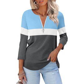 TICTICMISS Womens 3/4 Sleeve Tops Zipper Color Block Tunic Tops Casual Summer Shirts Trendy Tops