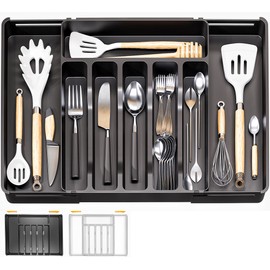 Freyvora Silverware Drawer Organizer Tray, Expandable Utensil Organizer Food Grade for Kitchen Flatware And Cutlery, Plastic Silverware Holder for Spoons Forks Knives, Large, Black