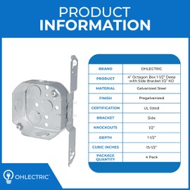 OHLECTRIC 4” Welded Octagon Steel Electrical Box| 1-1/2" Deep Box 1/2” Knockouts with Side Bracket, Fire Rated | Ideal for Lighting Fixtures, Switches and Receptacles (4-Pack)