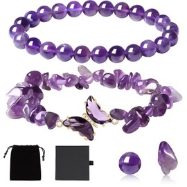 Crystal Bracelets Beaded Bracelets for Women Healing Crystal Bracelet, Butterfly Charms Gemstone Beaded Bracelet Crystal Stone Stretch Bead Bracelets for Women Christmas Valentine's Gifts( Amethyst)