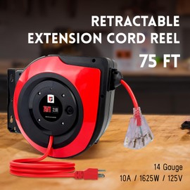 EP Retractable Extension Cord Reel,75 Feet 14 AWG/3C SJTOW Heavy Duty Power Cord,10 AMP Circuit Breaker, 3-Lighted Triple Outlets,Ceiling or Wall Mount Use Indoor, Red