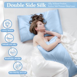 100% Pure Silk Pillowcase for Hair and Skin, Both Sides Mulberry Silk Pillowcases with Hidden Zipper, Cooling Pillowcase 19 Momme, 600 Thread Silk Pillow Cases Standard Size, 2PCS, Light Blue