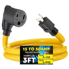 Tellegloww 3FT 15Amp to 50Amp Welder Adapter Cord, Compatible with NEMA 5-15P Male to 6-50R Female 15Amp 3 Prong to 3 Prong Welder Power Adapter, STW 10 AWG/3C, 15 Amp 250V 3750 Watt ETL Listed