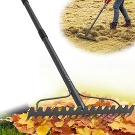 49'' Bow Rake ，17 Tines Metal Head Rakes with Stainless Steel Handle，Heavy Duty Garden Rakes for Loosening Soil Gathering Leaf Leveling Lawn Farming Land Management Yarn Thatch