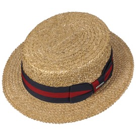 Stetson Boater Wheat Straw Hat - Natural Coloured Hat with Blue/Red Grosgrain Ribbon - Classic Summer Hat with UV Protection 40+ - Women & Men - Spring/Summer, natural