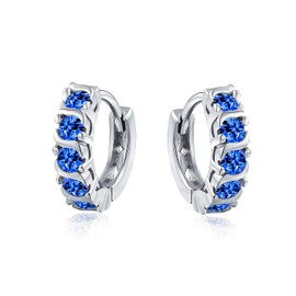 Blue Wave Cubic Zirconia CZ Small Huggie Hoop Earrings For Women Simulated Sapphire Rhodium Plated 925 Sterling Silver
