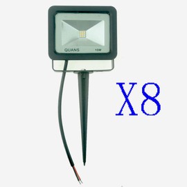 QUANS 10W Cool White 12V 24V 36V 48V 60V DC AC LED Outdoor Security Wash Marine Wall Flood Light Lamp, IP65 Waterproof 12-60VDC AC Input Low Voltage No Plug, 8 Pack with Stake Spike Stand