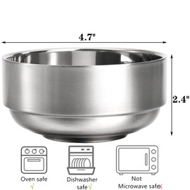 Lyellfe 6 Pack Stainless Steel Bowls, 12 Oz Double Walled Insulated Soup Bowls, 18/8 Steel Unbreakable Snack Bowl for Rice, Cereal, Ice Cream, Hot Cold Foods, Lead-free, Dishwasher Safe