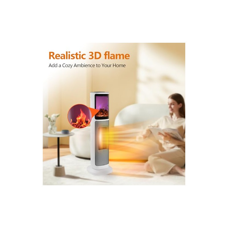 HINEIBER 750W/1500W Ceramic Tower Space Heater with 3D Flame, Electric