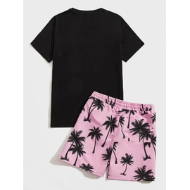 Floerns Men's Shirt and Shorts 2 Piece Sets Graphic Print Beach Outfits Black Pink L
