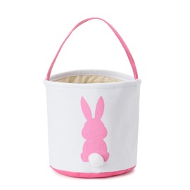 Easter Bunny Basket Easter Bucket Egg Hunt Basket for Kids, Canvas Rabbit Print Basket w. Fluffy Tail, Candy Egg Toy Easter Basket Tote w. Handle (Pink New)