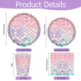 50 Piece Mermaid Party Tableware Set, Mermaid Birthday Decoration, Birthday Party Tableware for Party Decoration Set, Children's Birthday Plates, Cups, Napkins, 10 Guests