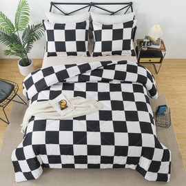Caressma Comforter Set Black White Plaid King Size (104x90 Inch), 3 Pieces Checkered Grid Comforter Bedding Set, Buffalo Plaid Fluffy Home Decor for All Seasons