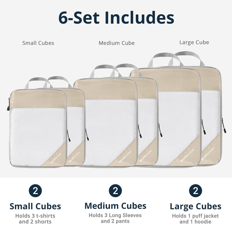 NICOSHOW Compression Packing Cubes 6 Set, Compressible Space-Saving Packing Cubes