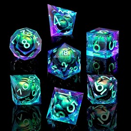 7 PCS Beholder's Dragon Eye DND Dice Set -Sharp Edge Liquid Core Resin Cat Eye Dice with Gift Box, Perfect for Gift Idea for Dungeons & Dragons and TTRPG:_Green Purple