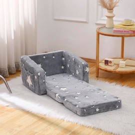 Furnishh Kids Sofa Couch Fold Out, Baby Toddler Comfy Soft Chair for Boys Girls, Flip Out Foldable Children 2 in 1 Convertible Sofa to Lounger, Folding Child Sleeper for Playroom, Grey Star