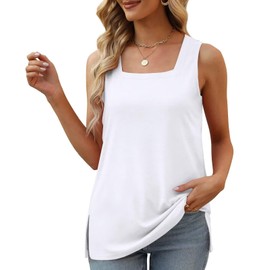 Aokosor Tank Top Women's Summer Square Neck Sleeveless T-Shirt Loose Basic Tops with Side Slit, White