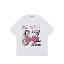Aelfric Eden Cherry Print Tee Oversized Graphic Tees Short Sleeve Crewneck Shirts Y2K Vintage Unisex Streetwear White X-Small