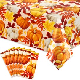 JarThenaAMCS 6Pcs Fall Plastic Tablecloth Autumn Pumpkin Leaves Table Cover Disposable Seasonal Table Cloth for Party Dinner Table Decor, 54 x 108 Inch