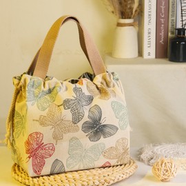 CALLPIONEER Lunch Bag for Women Reusable Insulated Lunch Tote Bag with Beige Butterfly Cinch Closure Cromwell Bag for Work Outdoors Travel Picnic