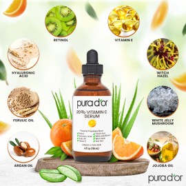 PURA D'OR 20% Vitamin C Serum 4 Oz - Lightweight Maximum Strength Formula - Retinol, Hyaluronic Acid, Ferulic Acid - Professional Grade Treatment For Face & Eyes, Wrinkles - Men & Women