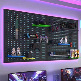 Peg Board with RGB+IC LED Strip Lights,2PCS Metal Pegboard Panels,Heavy Duty Pegboard Gaming Room Wall Organizer with Hooks,DIY RGB Gaming Setup Organizer Peg Board Wall Mounted 12 * 24”