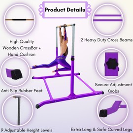 Athletic Bar Gymnastics Bar for Kids Ages 3-16, Expandable Kip Training Bar for Home with Adjustable Height 3’–5’, Heavy-Duty Steel, 300 Lbs Capacity, Non-Slip Base, Easy to Assemble Purple