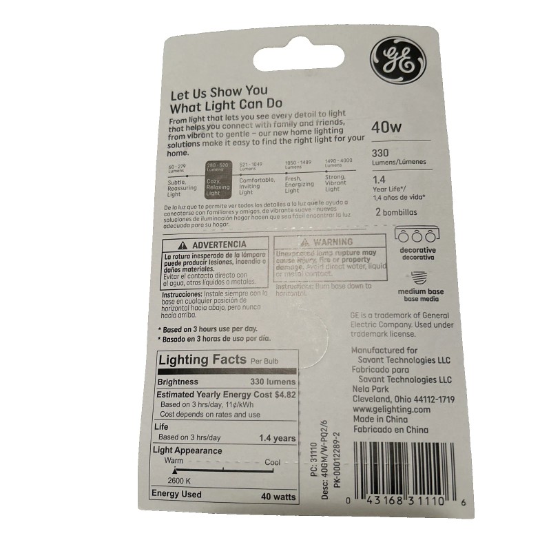 GE 4 GE 40w Soft White G16 1/2 Globe Shape