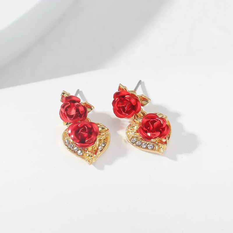 Rose Heart Dangle Earrings, Gold Tone with Red Rose and