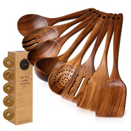 Wooden Spoons for Cooking - 8 Pcs Teak Wood Cookware Utensil Set with Smooth Finish - Non-Stick, Comfortable Grip - Durable, Heat Resistant Kitchen Utensils