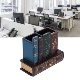 Porta lápices vintage para bolígrafo, diseño de libros de biblioteca decorativos, 3 compartimentos, suministros de oficina, organizador de almacenamiento de escritorio con cajón inferior