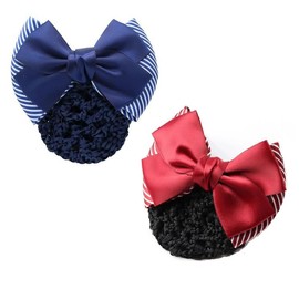 Feilguee 2 PCS Women Hair Clip with Bowknot Hair Bun Cover Barrettes Net Elastic Butterfly Bun Bow Headdress for Stewardess Banks Hotels Nurse Restaurant Staff(Red and Bule)