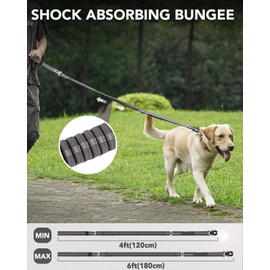 Joytale Tactical Dog Leash Heavy Duty, 4-6FT Shock Absorbing Bungee Lead with 2 Padded Handle, Metal Carabiner Clip, Car Seatbelt, Strong No Pull Leash for Medium Large X-Large Dogs, Gray